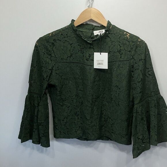 Jack BB Dakota Women’s Lace Boxy Crop Top Size Small Mountain Green Bell Sleeve - Picture 2 of 13